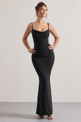 Black Cowl Neck Backless Maxi Dress With Lace Insert